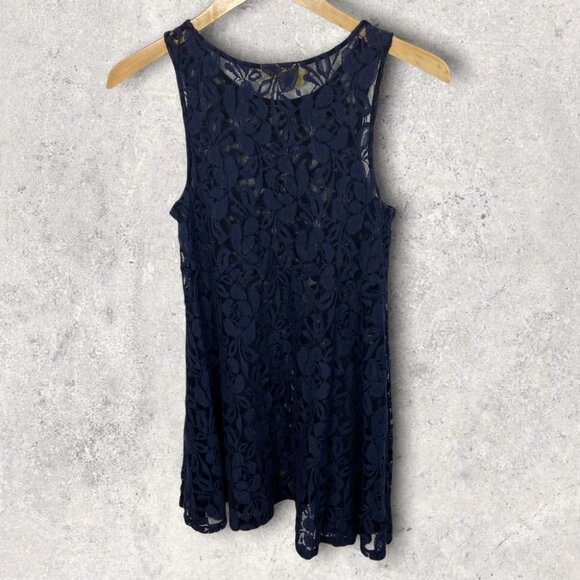 Free People Lace Mini Dress Navy Blue Size XS‎ Bohemian Romantic Eyelet Boho - Picture 3 of 11